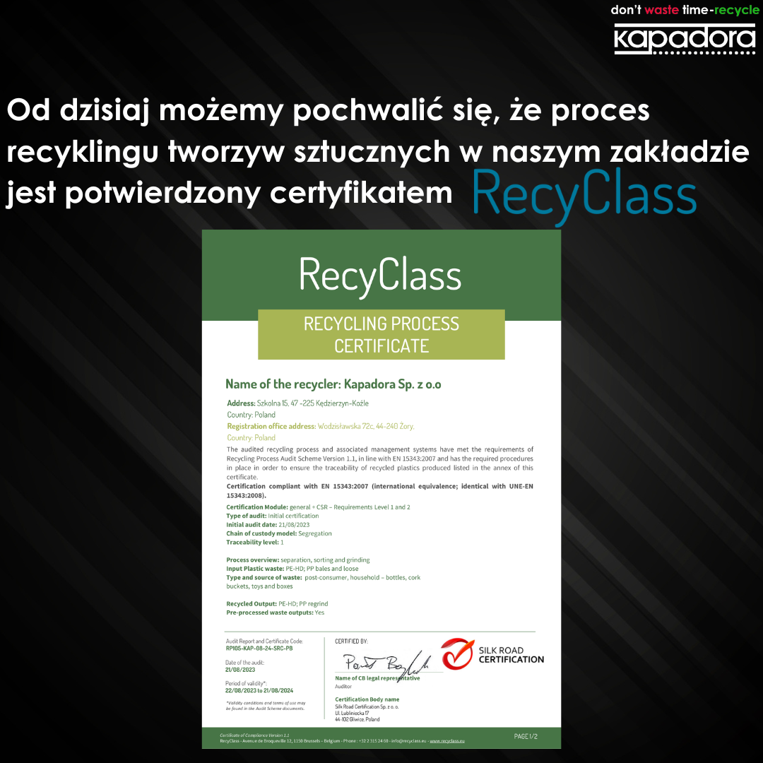 RecyClass, Kapadora, Silk Road Certification, recykling tworzyw sztucznych, certyfikat, zrównoważony rozwój